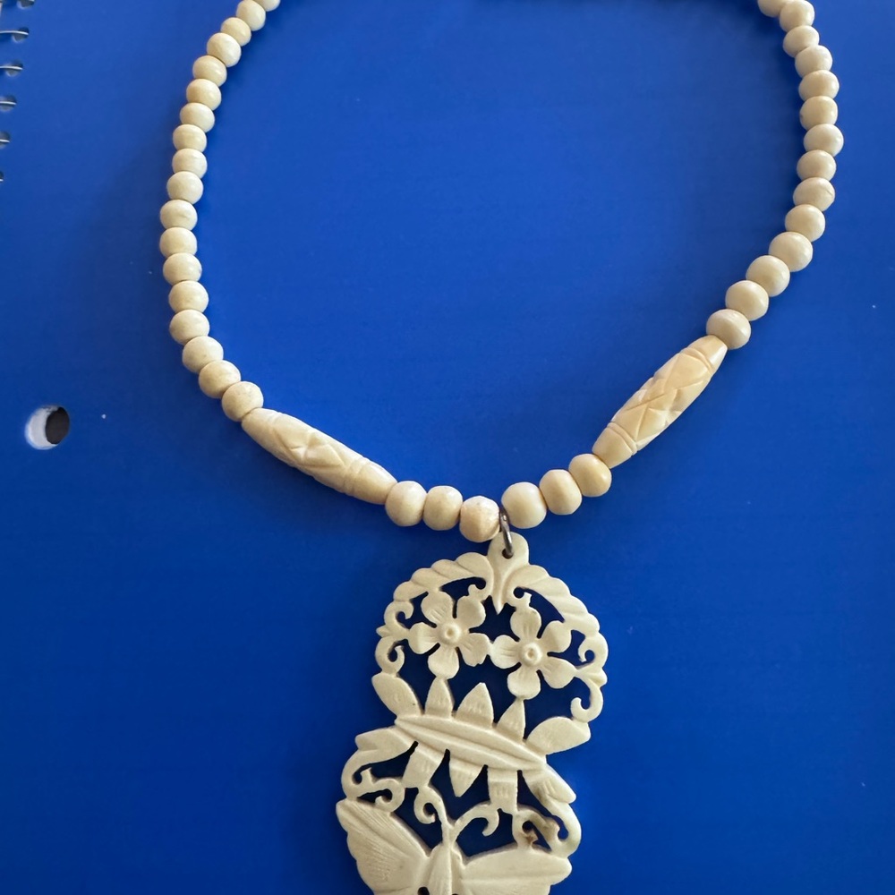Hand-Carved Bovine Bone Cream Moth& Floral Pendant  Beaded Necklace